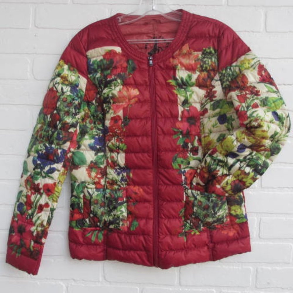 NWOT J.O.T.T. Orchidee Red Floral Lightweight Quilted Down Filled Puffer Jacket